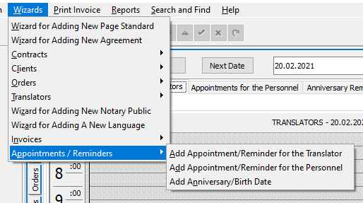 With Calendar tab, the users that you created may manage translator appointments - reminders and add new new appointments and reminders by using Add Appointment - Reminder for the Translator wizard...